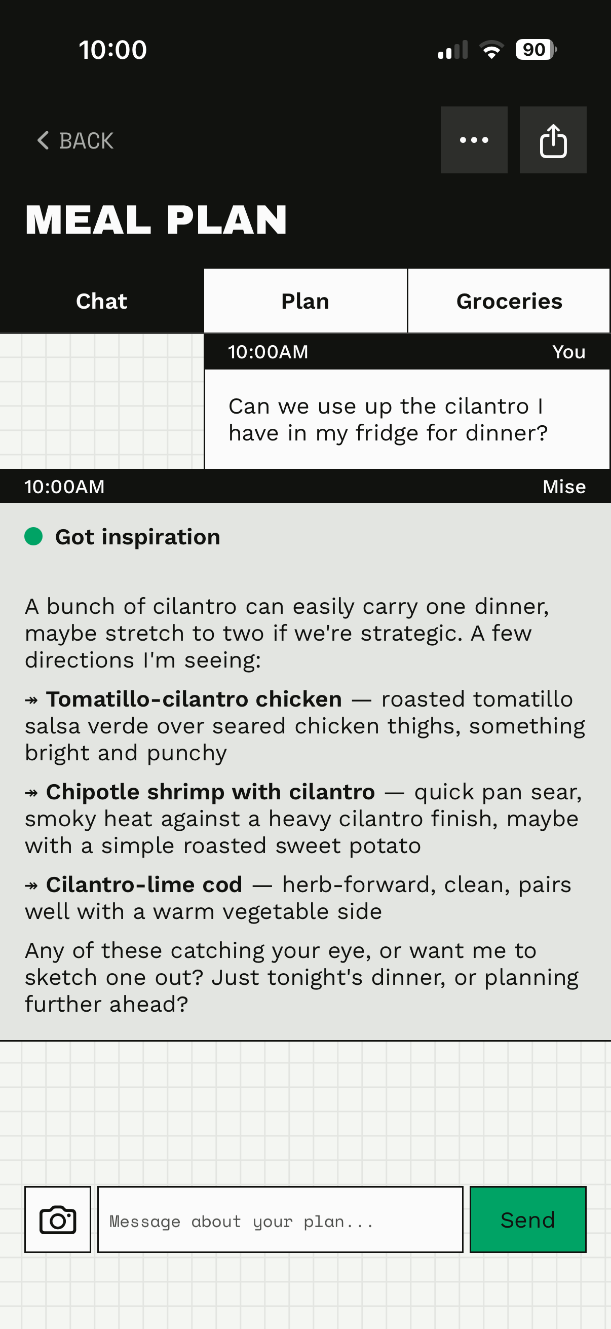 Miseen meal planning app screen